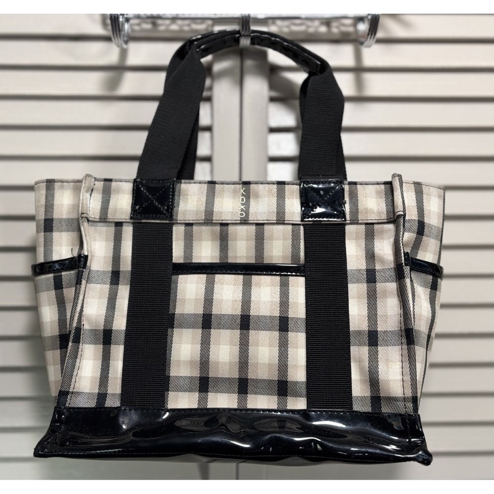 Koko Plaid Insulated Lunch Tote Bag Tan/Blk‎ Pockets Cinch Close Extension